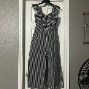 Sz L Main Strip one piece denim-like striped sleeveless jumper